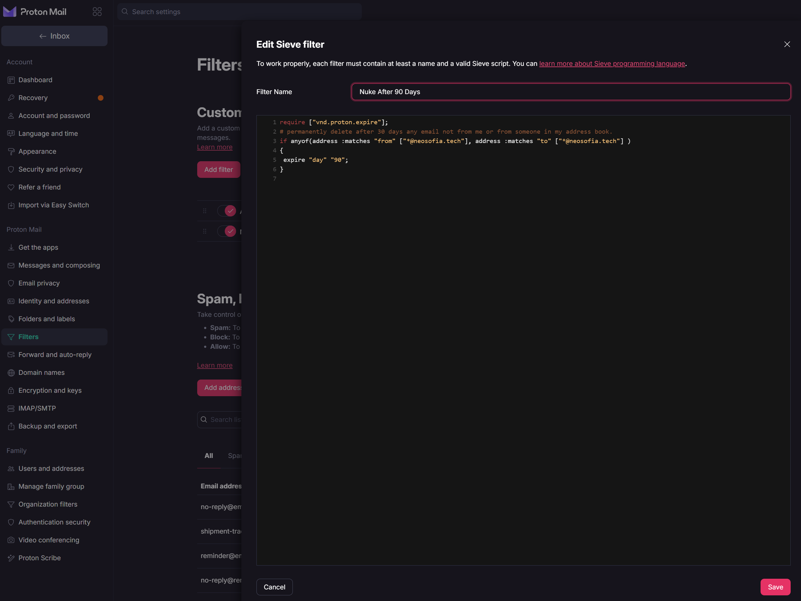 Configured Filter Screen Shot